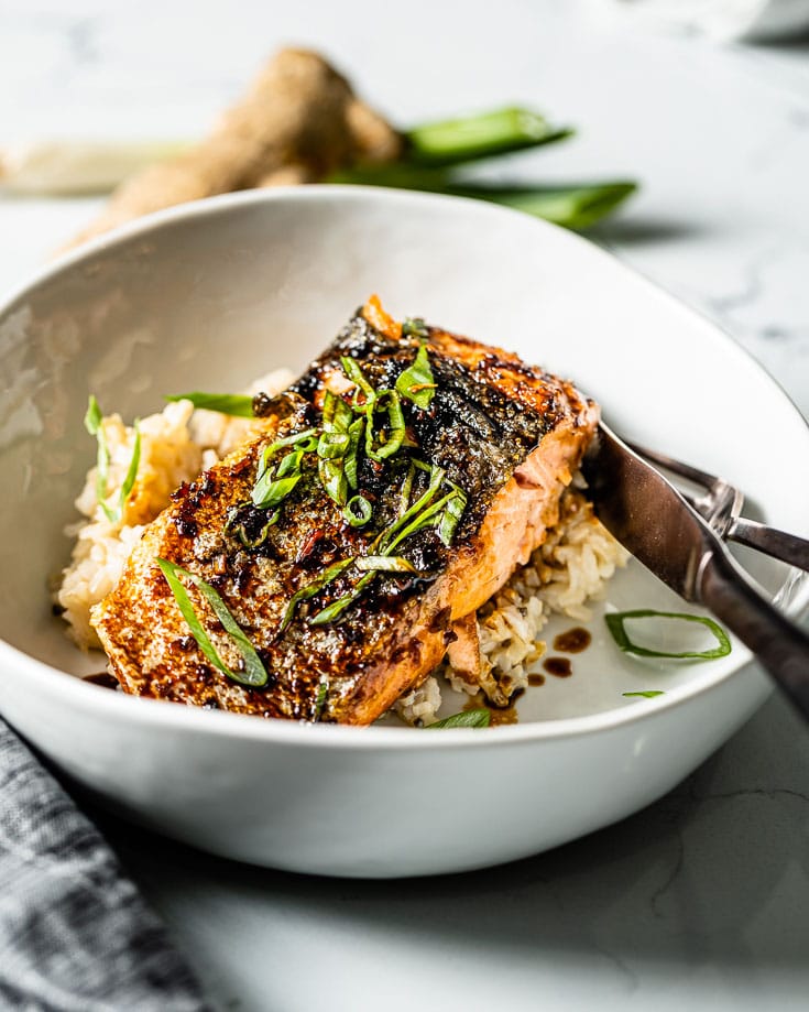 Try This Delicious and Nutritious Teriyaki Glazed Salmon with Sesame Ginger Cauliflower “Rice” Recipe!